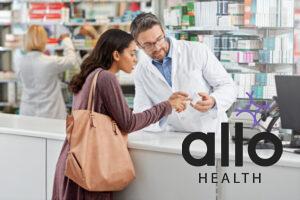 Medicine, help and pharmacist advice with side effects at health store counter for customer service. Pharmaceutical advice and opinion of worker helping girl with medication information at pharmacy